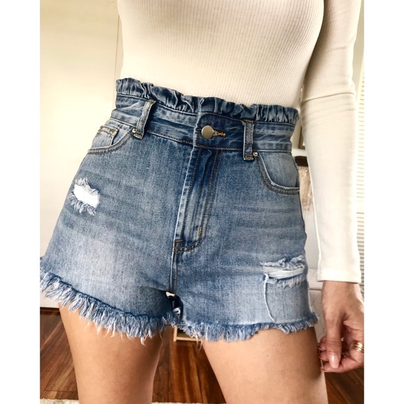LAST ONE Paper Bag High Waist Denim Shorts - Picture 2 of 9
